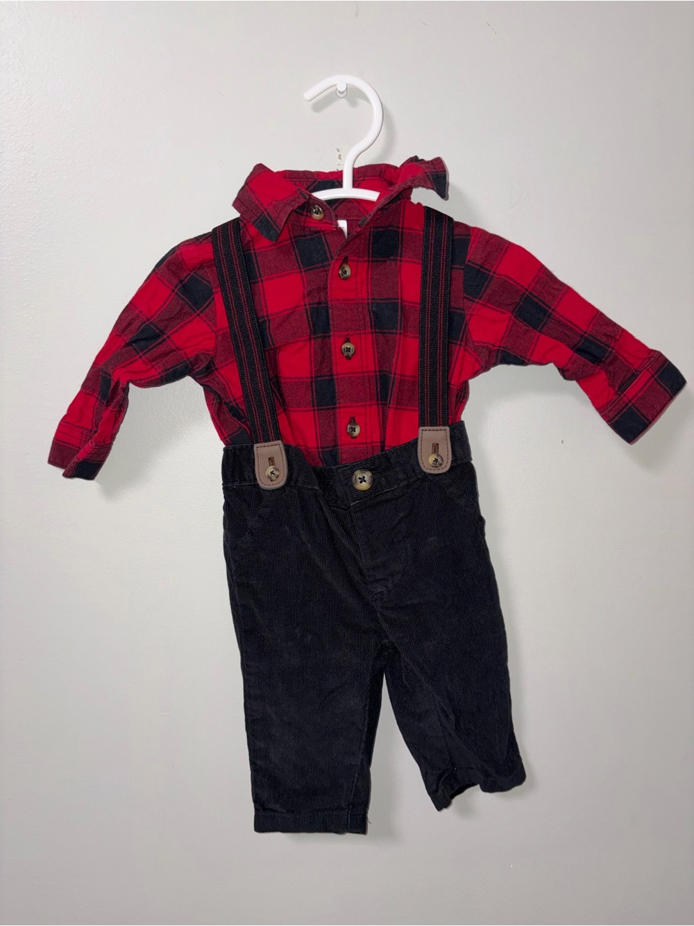 Just One You by Carters Red Black Plaid Body Suit Suspender Pants Set 3M Holiday